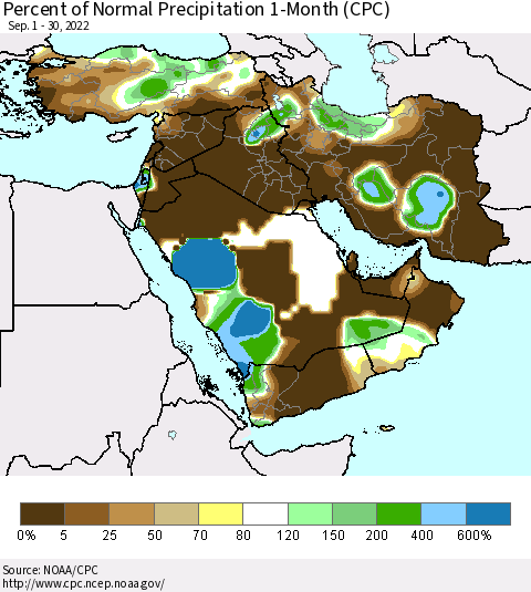 Middle East and Turkey Percent of Normal Precipitation 1-Month (CPC) Thematic Map For 9/1/2022 - 9/30/2022