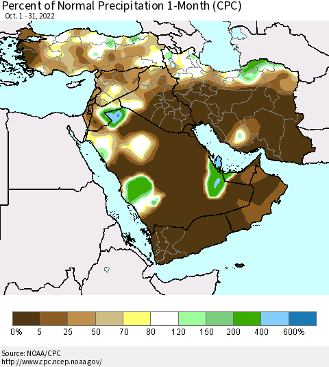 Middle East and Turkey Percent of Normal Precipitation 1-Month (CPC) Thematic Map For 10/1/2022 - 10/31/2022