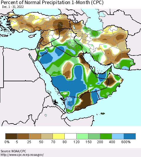 Middle East and Turkey Percent of Normal Precipitation 1-Month (CPC) Thematic Map For 12/1/2022 - 12/31/2022