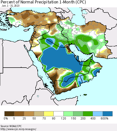 Middle East and Turkey Percent of Normal Precipitation 1-Month (CPC) Thematic Map For 1/1/2023 - 1/31/2023