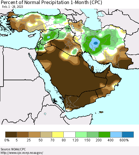 Middle East and Turkey Percent of Normal Precipitation 1-Month (CPC) Thematic Map For 2/1/2023 - 2/28/2023