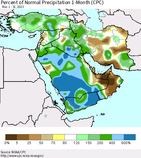 Middle East and Turkey Percent of Normal Precipitation 1-Month (CPC) Thematic Map For 3/1/2023 - 3/31/2023