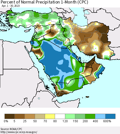 Middle East and Turkey Percent of Normal Precipitation 1-Month (CPC) Thematic Map For 4/1/2023 - 4/30/2023