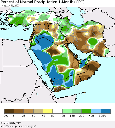 Middle East and Turkey Percent of Normal Precipitation 1-Month (CPC) Thematic Map For 5/1/2023 - 5/31/2023