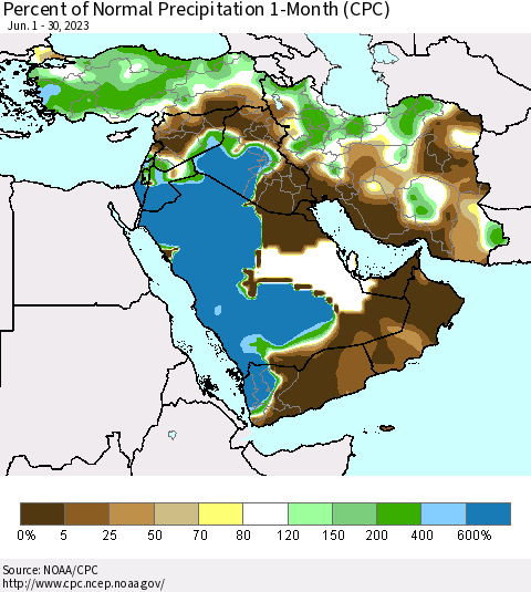 Middle East and Turkey Percent of Normal Precipitation 1-Month (CPC) Thematic Map For 6/1/2023 - 6/30/2023