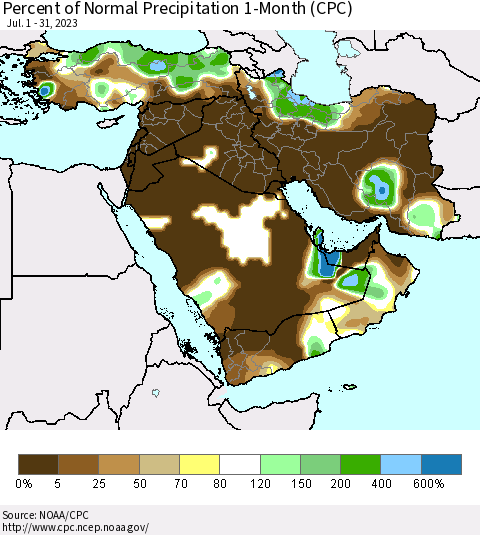 Middle East and Turkey Percent of Normal Precipitation 1-Month (CPC) Thematic Map For 7/1/2023 - 7/31/2023