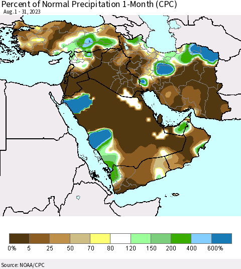 Middle East and Turkey Percent of Normal Precipitation 1-Month (CPC) Thematic Map For 8/1/2023 - 8/31/2023