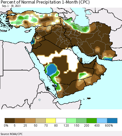 Middle East and Turkey Percent of Normal Precipitation 1-Month (CPC) Thematic Map For 9/1/2023 - 9/30/2023