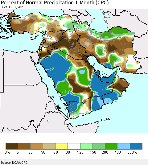Middle East and Turkey Percent of Normal Precipitation 1-Month (CPC) Thematic Map For 10/1/2023 - 10/31/2023
