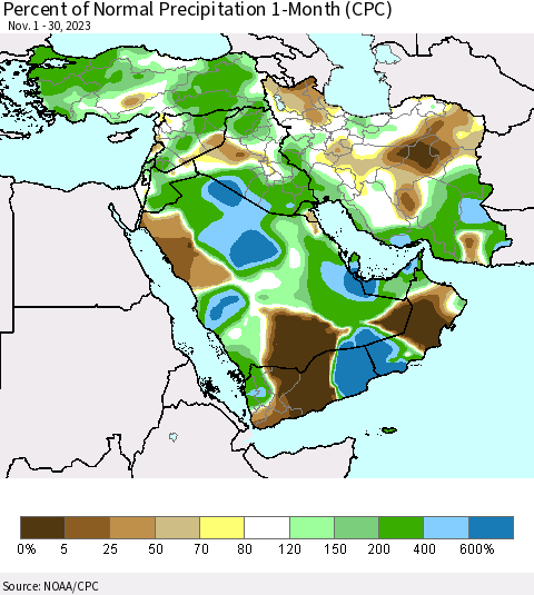Middle East and Turkey Percent of Normal Precipitation 1-Month (CPC) Thematic Map For 11/1/2023 - 11/30/2023