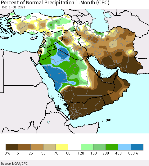 Middle East and Turkey Percent of Normal Precipitation 1-Month (CPC) Thematic Map For 12/1/2023 - 12/31/2023