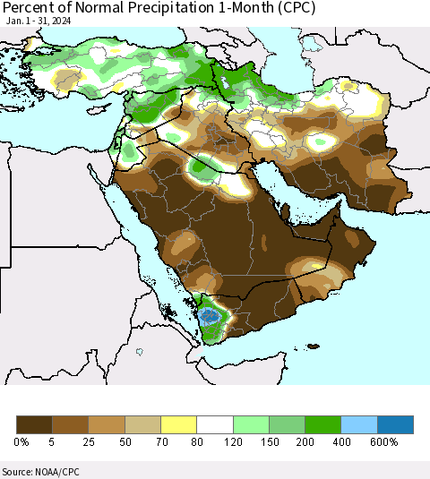 Middle East and Turkey Percent of Normal Precipitation 1-Month (CPC) Thematic Map For 1/1/2024 - 1/31/2024