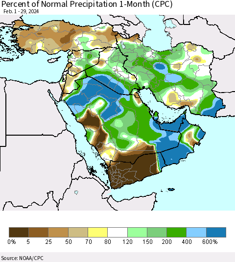 Middle East and Turkey Percent of Normal Precipitation 1-Month (CPC) Thematic Map For 2/1/2024 - 2/29/2024