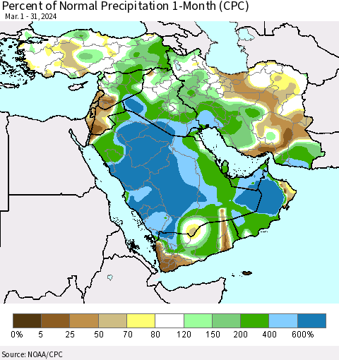 Middle East and Turkey Percent of Normal Precipitation 1-Month (CPC) Thematic Map For 3/1/2024 - 3/31/2024