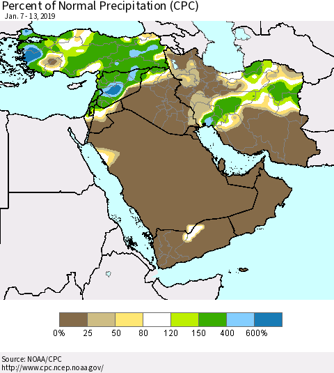 Middle East and Turkey Percent of Normal Precipitation (CPC) Thematic Map For 1/7/2019 - 1/13/2019