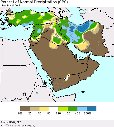Middle East and Turkey Percent of Normal Precipitation (CPC) Thematic Map For 1/14/2019 - 1/20/2019
