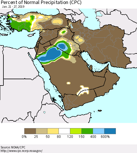 Middle East and Turkey Percent of Normal Precipitation (CPC) Thematic Map For 1/21/2019 - 1/27/2019