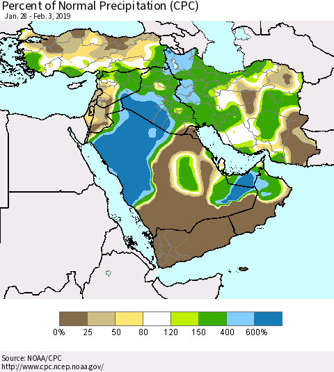 Middle East and Turkey Percent of Normal Precipitation (CPC) Thematic Map For 1/28/2019 - 2/3/2019