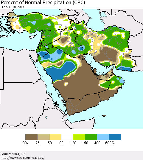 Middle East and Turkey Percent of Normal Precipitation (CPC) Thematic Map For 2/4/2019 - 2/10/2019