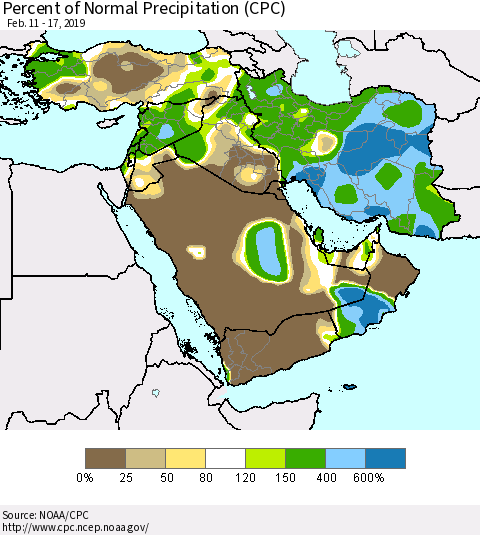 Middle East and Turkey Percent of Normal Precipitation (CPC) Thematic Map For 2/11/2019 - 2/17/2019
