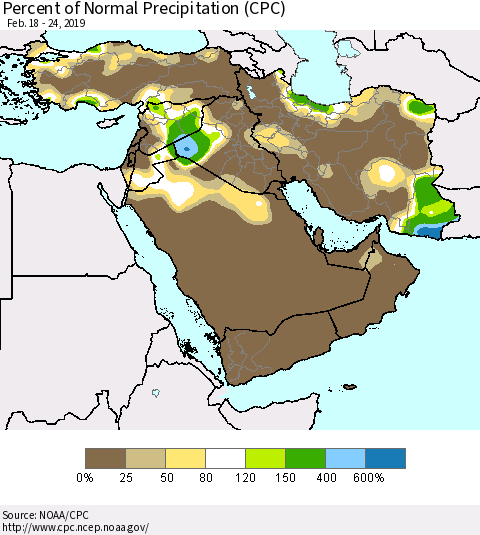 Middle East and Turkey Percent of Normal Precipitation (CPC) Thematic Map For 2/18/2019 - 2/24/2019