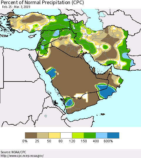 Middle East and Turkey Percent of Normal Precipitation (CPC) Thematic Map For 2/25/2019 - 3/3/2019