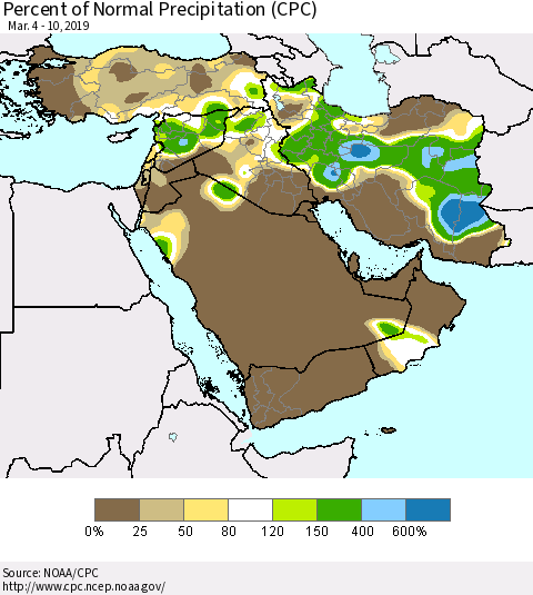 Middle East and Turkey Percent of Normal Precipitation (CPC) Thematic Map For 3/4/2019 - 3/10/2019