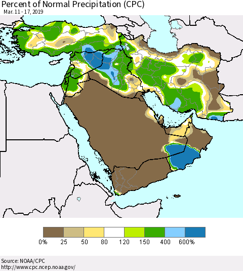 Middle East and Turkey Percent of Normal Precipitation (CPC) Thematic Map For 3/11/2019 - 3/17/2019