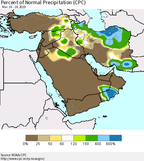 Middle East and Turkey Percent of Normal Precipitation (CPC) Thematic Map For 3/18/2019 - 3/24/2019