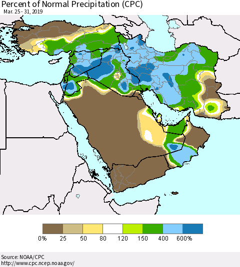 Middle East and Turkey Percent of Normal Precipitation (CPC) Thematic Map For 3/25/2019 - 3/31/2019