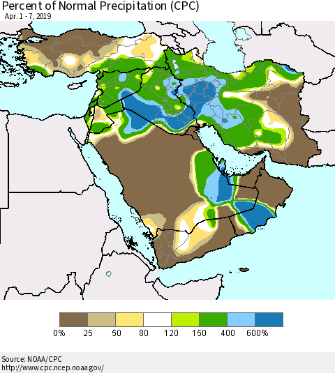 Middle East and Turkey Percent of Normal Precipitation (CPC) Thematic Map For 4/1/2019 - 4/7/2019