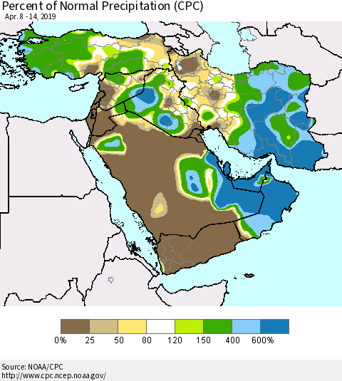 Middle East and Turkey Percent of Normal Precipitation (CPC) Thematic Map For 4/8/2019 - 4/14/2019