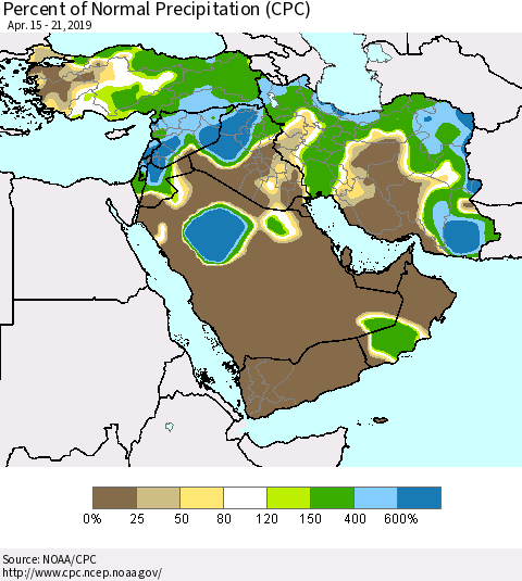 Middle East and Turkey Percent of Normal Precipitation (CPC) Thematic Map For 4/15/2019 - 4/21/2019