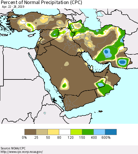 Middle East and Turkey Percent of Normal Precipitation (CPC) Thematic Map For 4/22/2019 - 4/28/2019