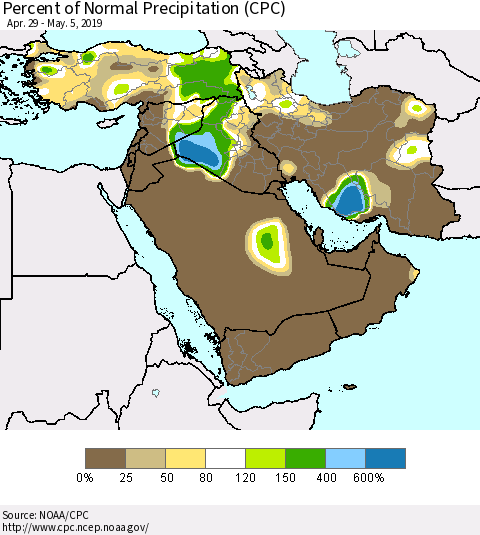 Middle East and Turkey Percent of Normal Precipitation (CPC) Thematic Map For 4/29/2019 - 5/5/2019