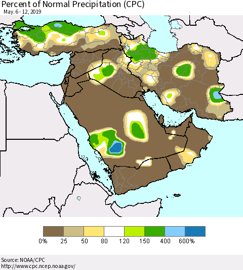 Middle East and Turkey Percent of Normal Precipitation (CPC) Thematic Map For 5/6/2019 - 5/12/2019