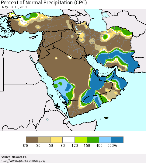 Middle East and Turkey Percent of Normal Precipitation (CPC) Thematic Map For 5/13/2019 - 5/19/2019
