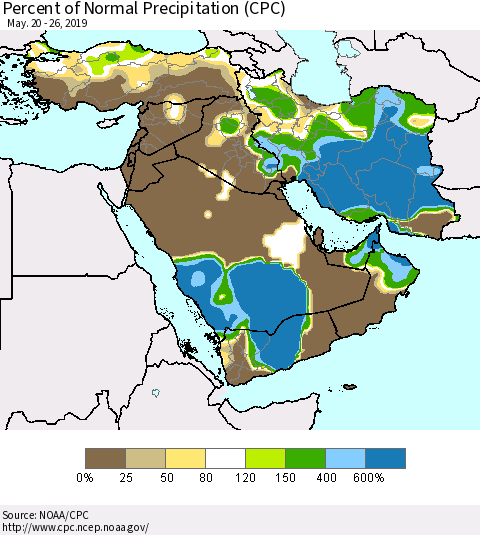 Middle East and Turkey Percent of Normal Precipitation (CPC) Thematic Map For 5/20/2019 - 5/26/2019