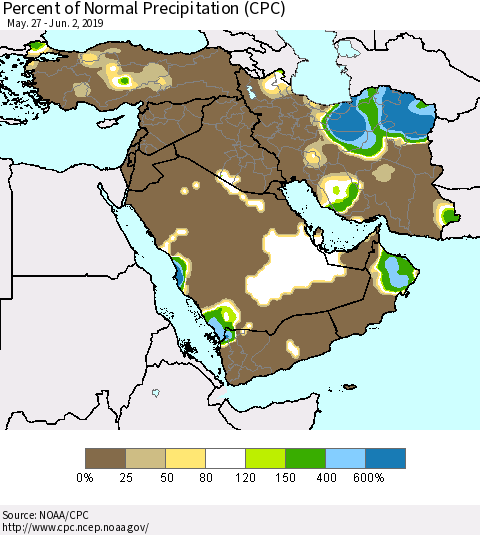 Middle East and Turkey Percent of Normal Precipitation (CPC) Thematic Map For 5/27/2019 - 6/2/2019