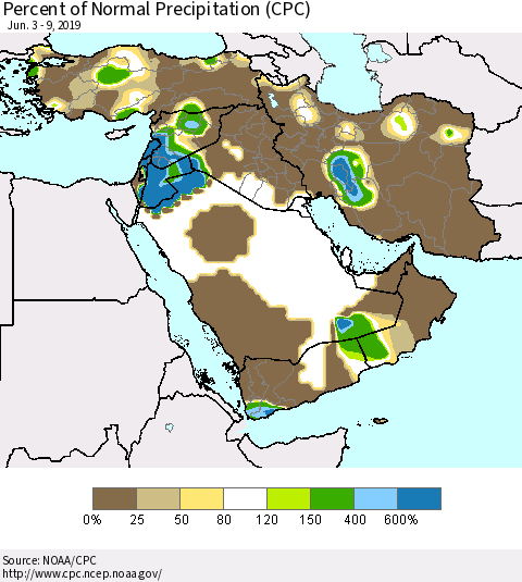 Middle East and Turkey Percent of Normal Precipitation (CPC) Thematic Map For 6/3/2019 - 6/9/2019