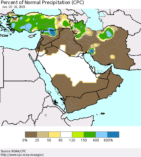 Middle East and Turkey Percent of Normal Precipitation (CPC) Thematic Map For 6/10/2019 - 6/16/2019