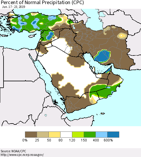 Middle East and Turkey Percent of Normal Precipitation (CPC) Thematic Map For 6/17/2019 - 6/23/2019