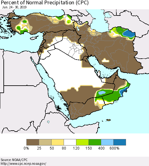 Middle East and Turkey Percent of Normal Precipitation (CPC) Thematic Map For 6/24/2019 - 6/30/2019