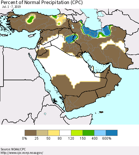 Middle East and Turkey Percent of Normal Precipitation (CPC) Thematic Map For 7/1/2019 - 7/7/2019