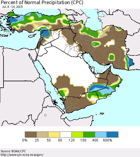 Middle East and Turkey Percent of Normal Precipitation (CPC) Thematic Map For 7/8/2019 - 7/14/2019