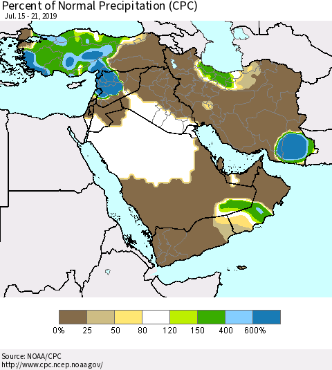 Middle East and Turkey Percent of Normal Precipitation (CPC) Thematic Map For 7/15/2019 - 7/21/2019