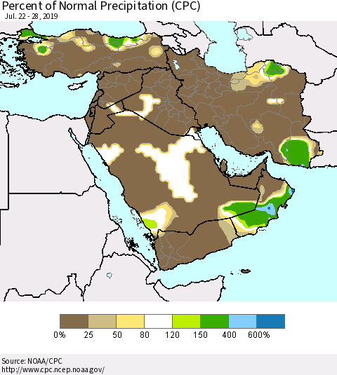 Middle East and Turkey Percent of Normal Precipitation (CPC) Thematic Map For 7/22/2019 - 7/28/2019