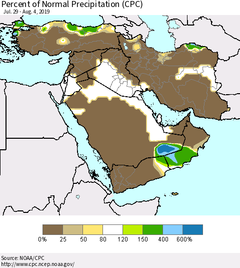 Middle East and Turkey Percent of Normal Precipitation (CPC) Thematic Map For 7/29/2019 - 8/4/2019