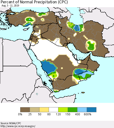Middle East and Turkey Percent of Normal Precipitation (CPC) Thematic Map For 8/5/2019 - 8/11/2019