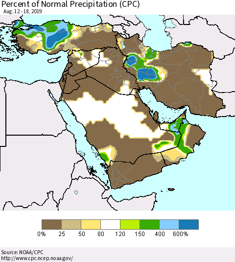 Middle East and Turkey Percent of Normal Precipitation (CPC) Thematic Map For 8/12/2019 - 8/18/2019